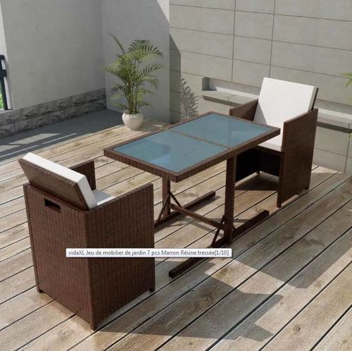 Table rectangulaire et chaises de jardin résine tressée marron Iris - Photo n°2; ?>