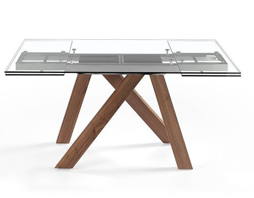 Table rectangulaire extensible 160/200/240 cm verre trempé et pieds bois noyer Lokaz - Photo n°3; ?>
