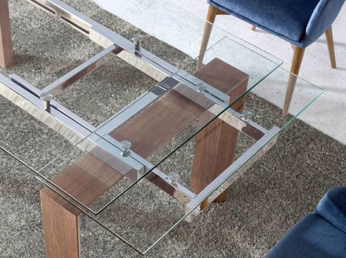 Table rectangulaire extensible 160/240 cm verre trempé et pieds bois noyer Roka - Photo n°2; ?>