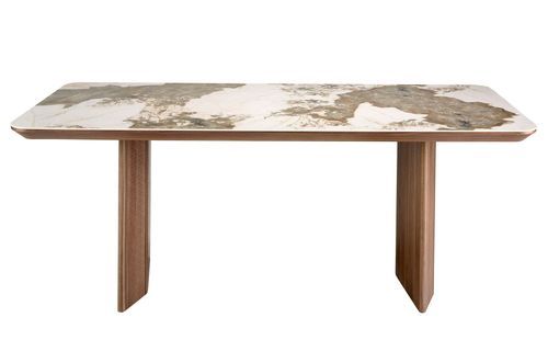 Table rectangulaire Mozer 200 cm - Noyer et plateau en porcelaine blanche effet Marbre veines aux nuances terre - Photo n°3; ?>