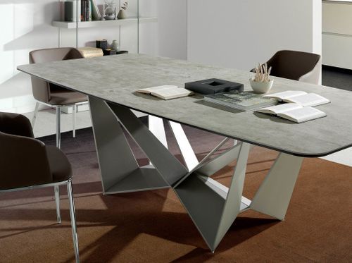 Table rectangulaire plateau porcelaine imitation ciment et pieds acier laqué gris Trypa 260 cm - Photo n°3; ?>