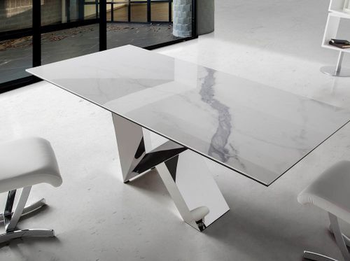 Table rectangulaire verre trempé effet marbre et acier inoxydable Futura 180 cm - Photo n°3; ?>