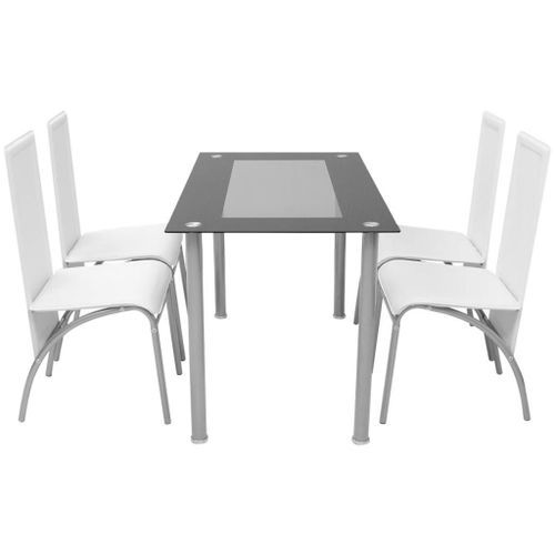 Table rectangulaire verre trempé noir et 4 chaises simili blanc Vicka - Photo n°2; ?>