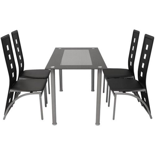 Table rectangulaire verre trempé noir et 4 chaises simili noir Vamier - Photo n°3; ?>
