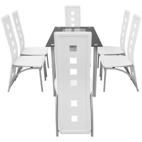 Table rectangulaire verre trempé noir et 6 chaises simili blanc Vamier - Photo n°3; ?>