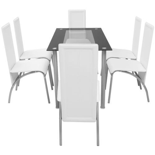 Table rectangulaire verre trempé noir et 6 chaises simili blanc Vicka - Photo n°3; ?>