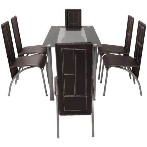 Table rectangulaire verre trempé noir et 6 chaises simili marron Vicka - Photo n°3; ?>