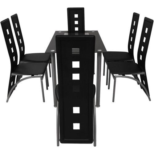 Table rectangulaire verre trempé noir et 6 chaises simili noir Vamier - Photo n°3; ?>