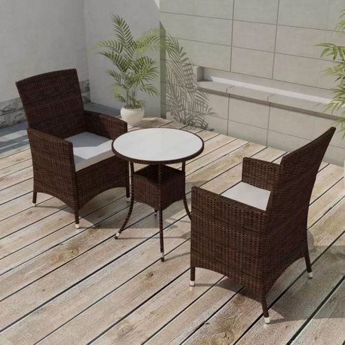 Table ronde et 2 chaises de jardin résine tressée marron et coussins blanc Mik - Photo n°2; ?>