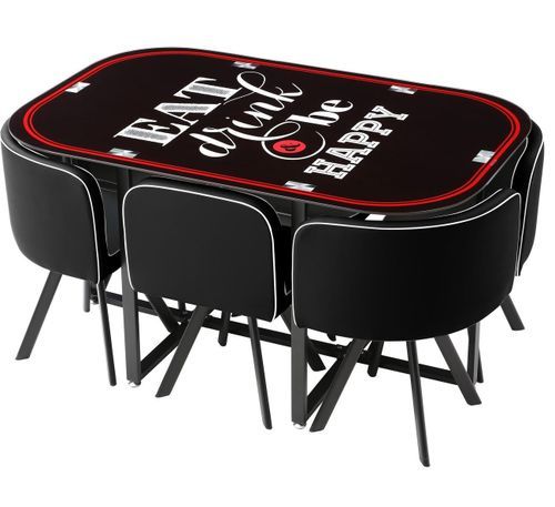 Table verre teinté noir et 6 chaises simili cuir noir pieds métal Sevier 140 cm - Photo n°3; ?>