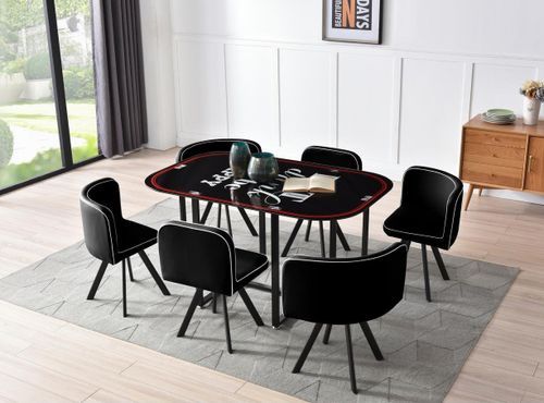 Table verre teinté noir et 6 chaises simili cuir noir pieds métal Sevier 140 cm - Photo n°2; ?>