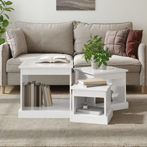 Tables basses 3 pcs blanc brillant bois d'ingénierie - Photo n°2; ?>