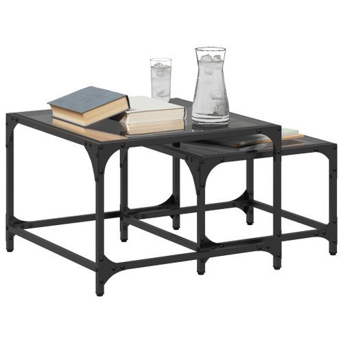 Tables basses gigognes 2 pcs dessus en verre noir acier - Photo n°3; ?>