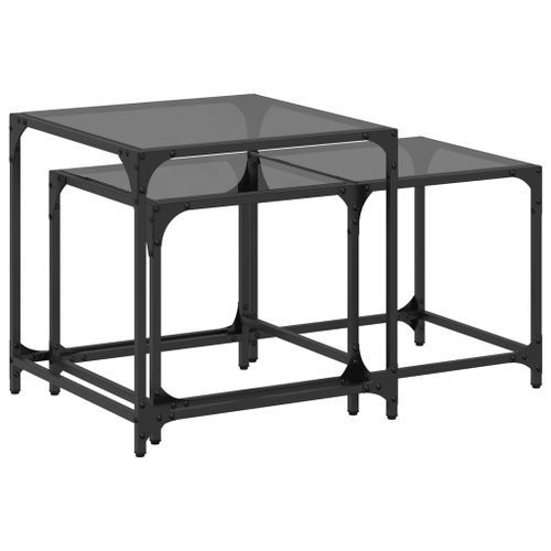 Tables basses gigognes 2 pcs dessus en verre noir acier - Photo n°2; ?>