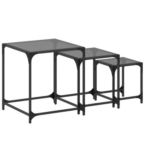 Tables basses gigognes 3 pcs dessus en verre noir acier - Photo n°2; ?>