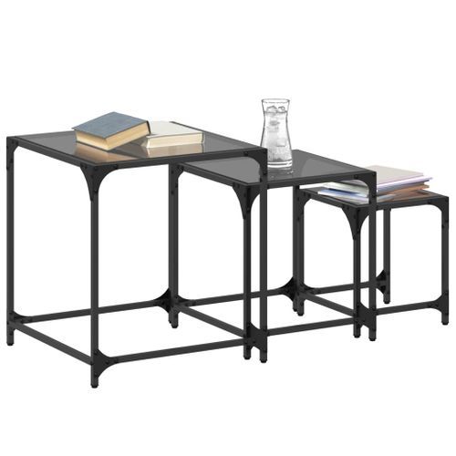 Tables basses gigognes 3 pcs dessus en verre noir acier - Photo n°3; ?>