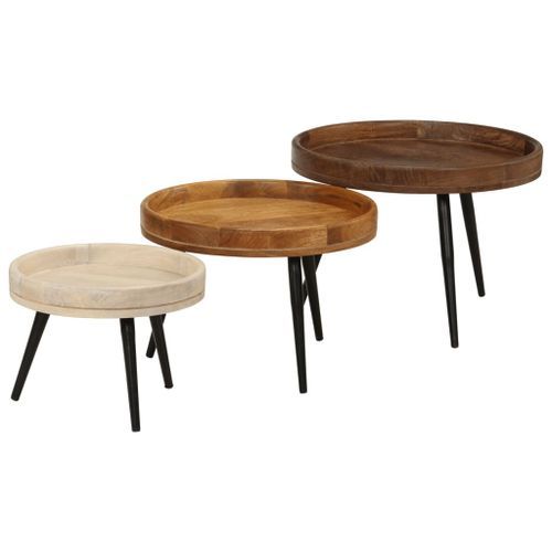 Tables basses rondes 3 pcs bois de manguier massif - Photo n°2; ?>