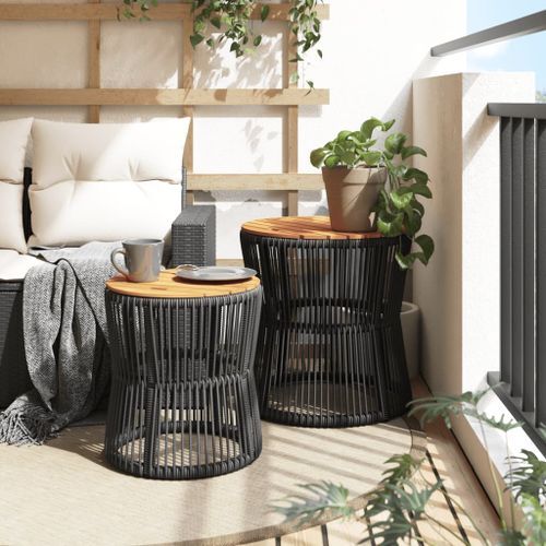 Tables d'appoint de jardin 2 pcs dessus en bois noir poly rotin - Photo n°3; ?>