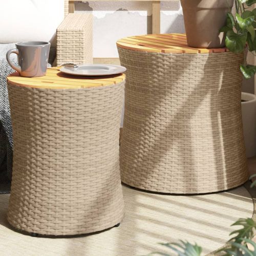 Tables d'appoint de jardin 2pcs dessus en bois beige poly rotin - Photo n°2; ?>