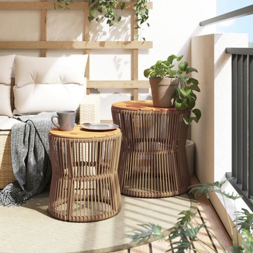 Tables d'appoint de jardin 2pcs dessus en bois beige poly rotin - Photo n°3; ?>