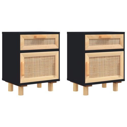 Tables de chevet 2 pcs Noir Bois de pin massif et rotin naturel - Photo n°2; ?>