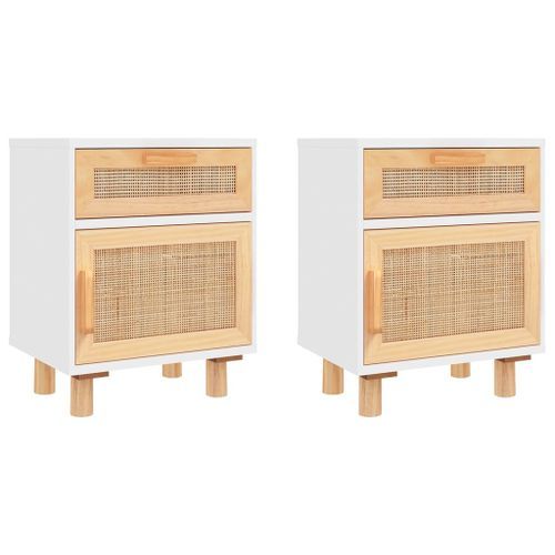 Tables de chevet 2pcs Blanc Bois de pin massif et rotin naturel - Photo n°2; ?>