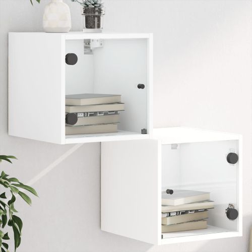 Tables de chevet avec portes en verre 2 pcs blanc 35x37x35 cm - Photo n°2; ?>