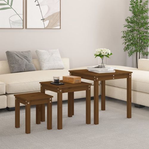 Tables gigognes 3 pcs Marron miel Bois de pin massif - Photo n°2; ?>