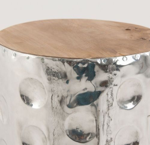 Tabouret bas métal argenté et assise bois massif clair Geish 2 - Photo n°2; ?>