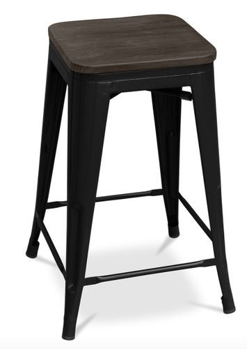 Tabouret industriel acier brillant et assise en bois massif marron Reko 60 cm - Photo n°2; ?>