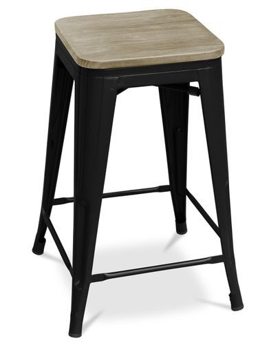 Tabouret industriel acier brillant et assise en bois massif naturel Reko 60 cm - Photo n°2; ?>