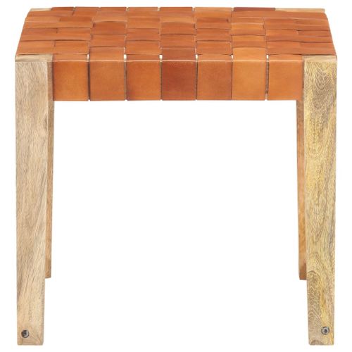 Tabouret Marron clair Cuir véritable et bois de manguier massif - Photo n°2; ?>