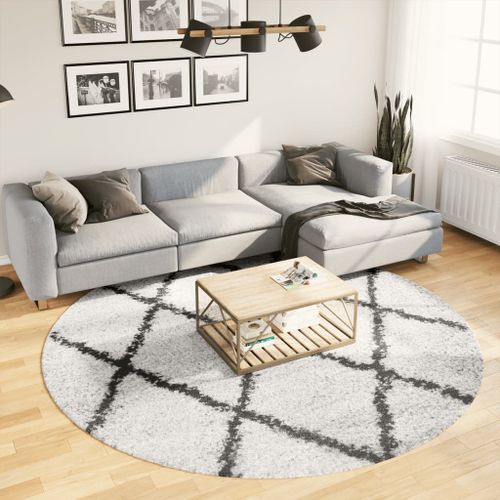 Tapis shaggy à poils longs moderne crème et noir Ø 240 cm - Photo n°2; ?>