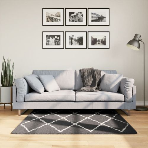 Tapis shaggy à poils longs moderne noir et crème 120x120 cm - Photo n°2; ?>