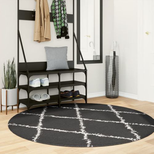 Tapis shaggy à poils longs moderne noir et crème Ø 160 cm - Photo n°2; ?>