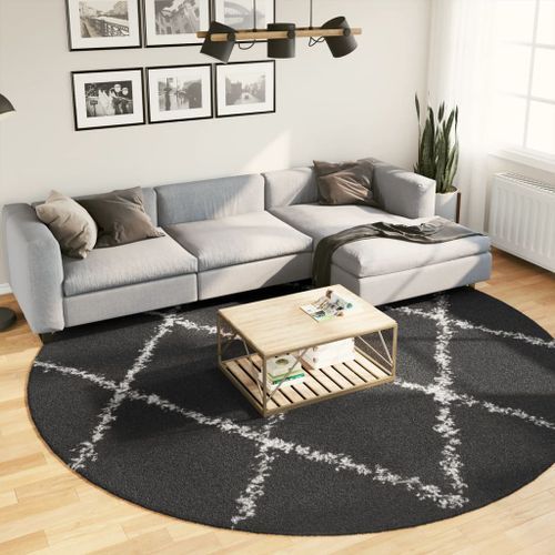 Tapis shaggy à poils longs moderne noir et crème Ø 280 cm - Photo n°2; ?>