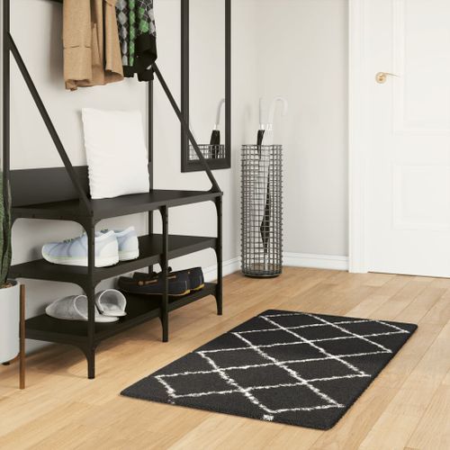 Tapis shaggy à poils longs moderne noir et crème 60x110 cm - Photo n°2; ?>