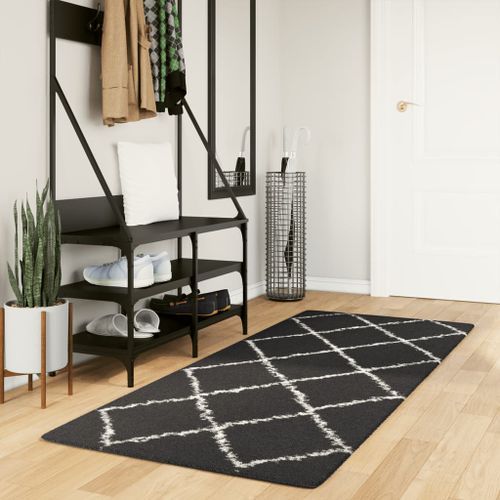 Tapis shaggy à poils longs moderne noir et crème 80x200 cm - Photo n°2; ?>