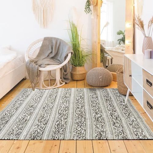 Tapis Terra - 120 x 170 cm - Bande relief blanc et sable - Photo n°2; ?>