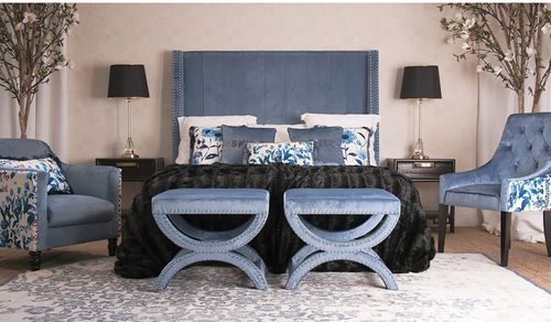 Tête de lit pin massif et velours bleu Davina 160 cm - Photo n°3; ?>
