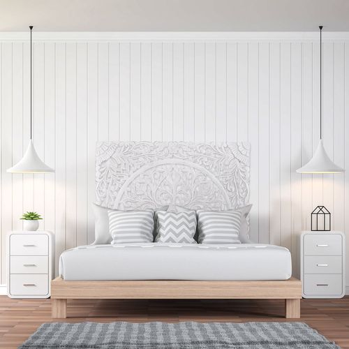 Tête de lit provençale bois sculpté peint blanc Flaria 140 - Photo n°2; ?>