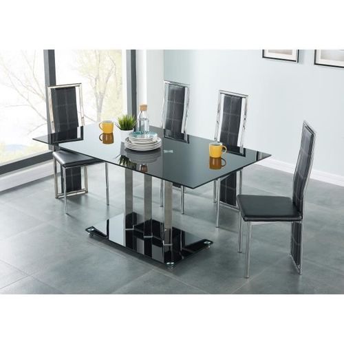 Table a manger de 6 a 8 personnes style contemporain en métal effet chromé et en verre trempé noir - L 160 x l 90 cm - Photo n°2; ?>