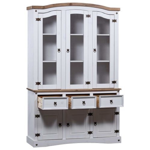Vaisselier 3 portes 3 tiroirs pin massif blanc et bois clair Harrie - Photo n°2; ?>