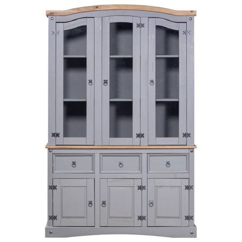 Vaisselier 3 portes 3 tiroirs pin massif gris et bois clair Harrie - Photo n°2; ?>