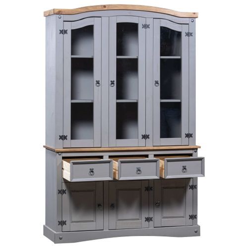 Vaisselier 3 portes 3 tiroirs pin massif gris et bois clair Harrie - Photo n°3; ?>