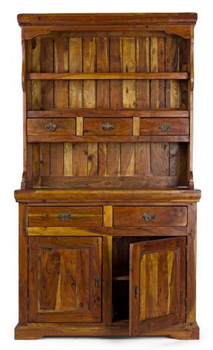 Vaisselier 5 tiroirs 2 portes en bois d'acacia massif finition rustique marron Kastela 107 cm - Photo n°3; ?>