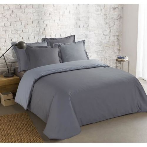 VISION Parure de couette 100% coton - 1 housse de couette 200 x 200 cm + 2 taies d'oreiller 65 x 65 cm - Gris et gris perle - Photo n°2; ?>