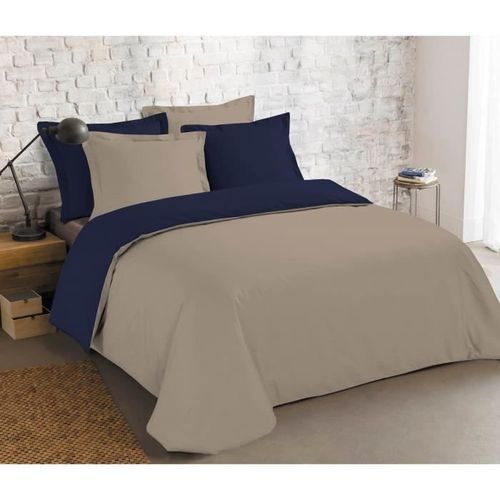 VISION Parure de couette 100% coton - bicolore et réversible - 1 housse de couette 220 x 240 cm + 2 taies d'oreiller - Bleu marine - Photo n°2; ?>