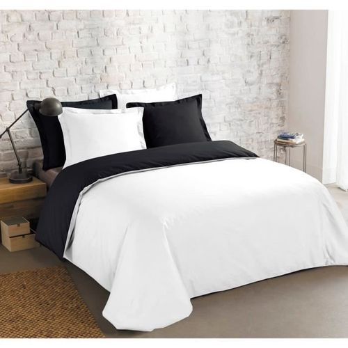 VISION Parure de couette 100% coton réversible - 1 housse de couette 240 x 260 cm + 2 taies d'oreiller 65 x 65 cm - Noir et blanc - Photo n°2; ?>