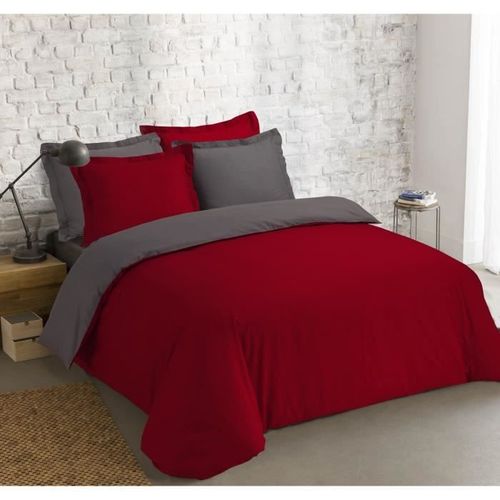VISION Parure de couette bicolore - 1 housse de couette 240 x 260 cm + 2 taies d'oreiller 65 x 65 cm - Gris anthracite et rouge - Photo n°2; ?>